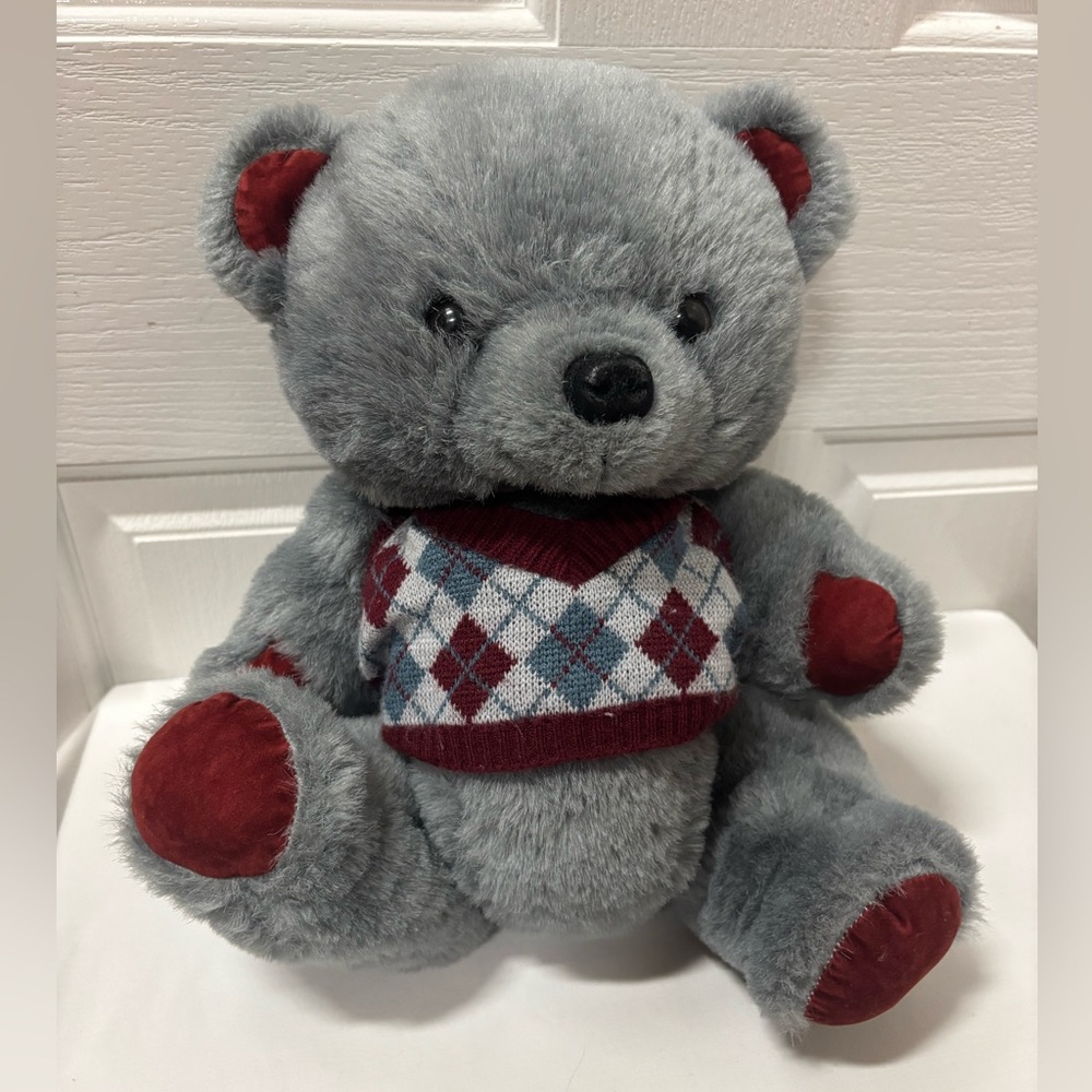 MTY International Jointed Gray and Maroon Plush Teddy Bear In Argyle Vest 13”